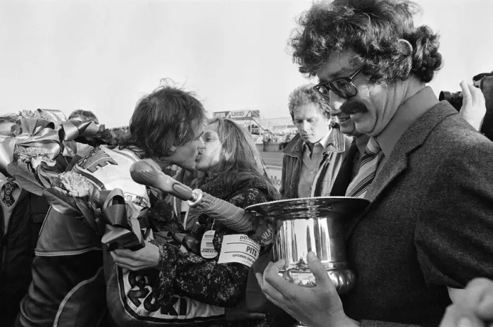 Framed Print : British Motorcycle road racer Barry Sheene celebrates victory for Britain in the AGV Framed Print : British Motorcycle road racer Barry Sheene celebrates victory for Britain in the AGV