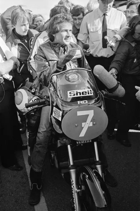 Framed Print : British Motorcycle road racer Barry Sheene at Donington on his first ride since his near Framed Print : British Motorcycle road racer Barry Sheene at Donington on his first ride since his near