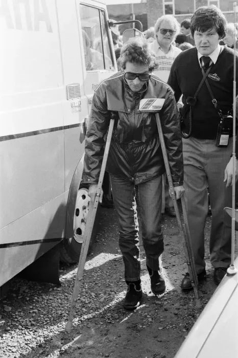 Framed Print : British Motorcycle road racer Barry Sheene at Donington on his first ride since his near Framed Print : British Motorcycle road racer Barry Sheene at Donington on his first ride since his near