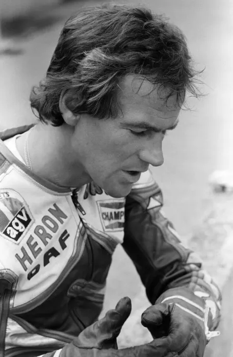 Framed Print : British Motorcycle road racer Barry Sheene at Silverstone race track during practice for