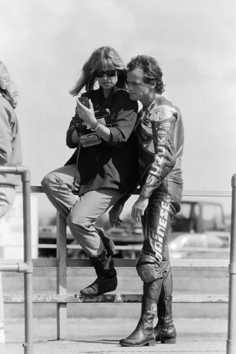 Framed Print : British Motorcycle road racer Barry Sheene at Silverstone with wife Stephanie McLean Framed Print : British Motorcycle road racer Barry Sheene at Silverstone with wife Stephanie McLean
