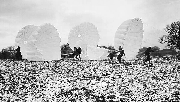 British parachute troops on the ground with their chutes during Second World War