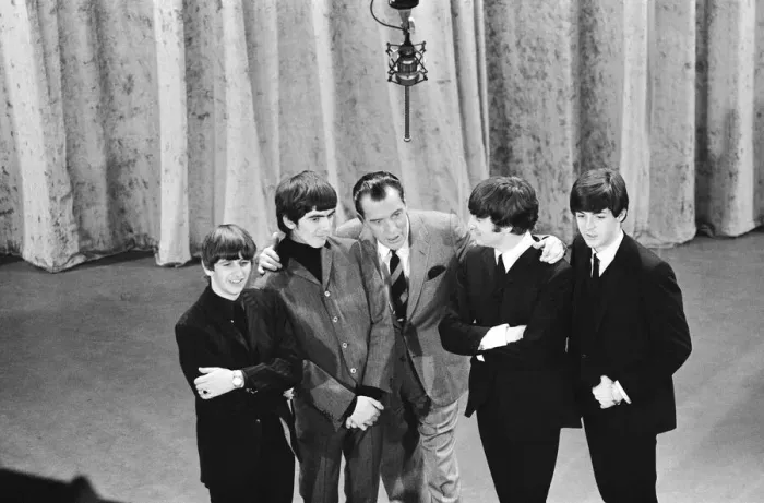 Framed Print : British pop group The Beatles with American talk show host Ed Sullivan on the set of his Framed Print : British pop group The Beatles with American talk show host Ed Sullivan on the set of his