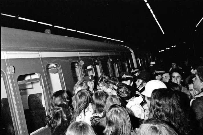 Framed Print : British pop singer David Boowie greeted by crowds of fans at Charing Cross Station