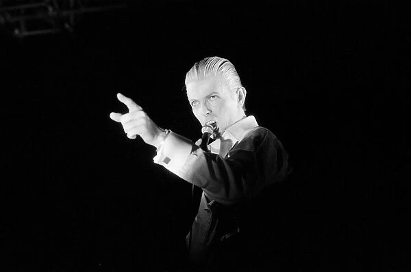 British pop singer David Bowie performing on stage during the first of six concerts at
