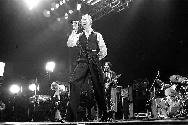 British pop singer David Bowie performing on stage during the first of six concerts at