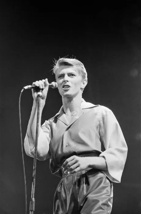 Framed Print : British pop singer David Bowie performing on stage during his concert at Earls court
