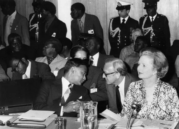 Framed Print : British Prime Minister Margaret Thatcher with Lord Carrington talking to Joshua Nkomo