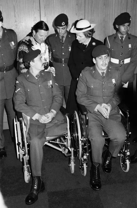 Framed Print : British Prime Minister Margaret Thatcher meets disabled veterans at the Falklands Victory