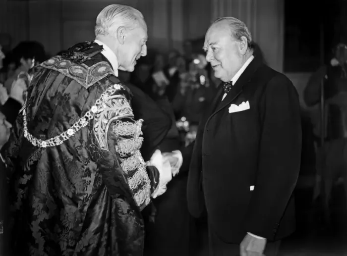 Framed Print : British Prime Minister Winston Churchill attends a luncheon at Mansion House where he met Framed Print : British Prime Minister Winston Churchill attends a luncheon at Mansion House where he met