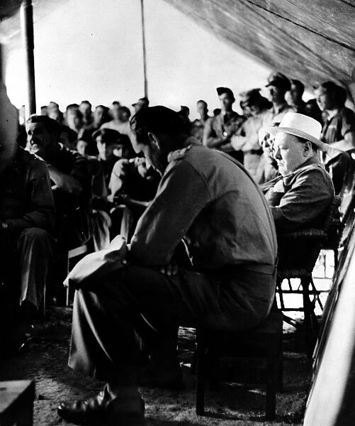 British Prime Minister Winston Churchill in a briefing tent for American Flying Fortress