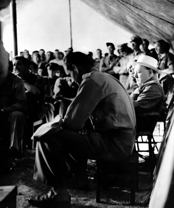 Framed Print : British Prime Minister Winston Churchill in a briefing tent for American Flying Fortress Framed Print : British Prime Minister Winston Churchill in a briefing tent for American Flying Fortress