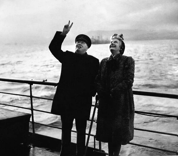 British Prime Minister Winston Churchill gives the 'V'