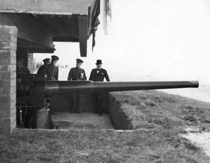 Framed Print : British Prime minister Winston Churchill inspecting a coastal gun emplacement during a Framed Print : British Prime minister Winston Churchill inspecting a coastal gun emplacement during a