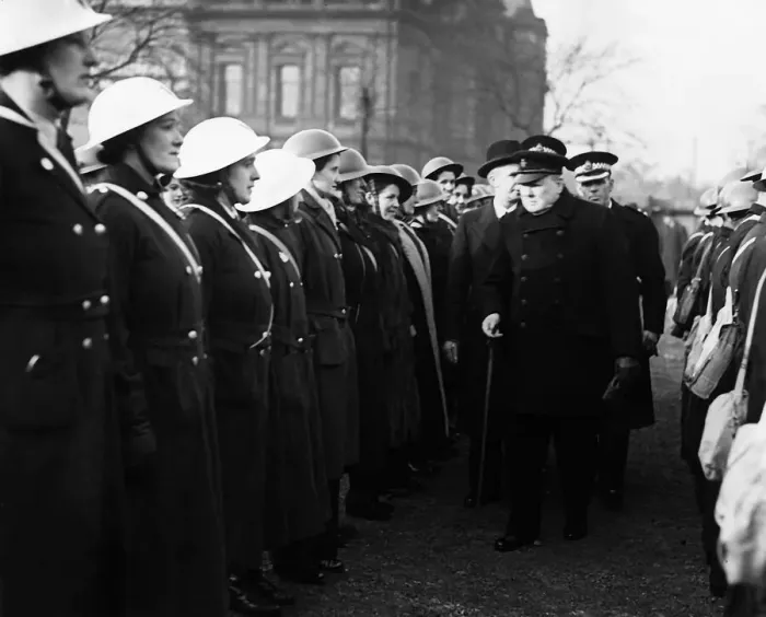 Framed Print : British Prime Minister Winston Churchill inspects female ARP wardens in Glasgow during Framed Print : British Prime Minister Winston Churchill inspects female ARP wardens in Glasgow during