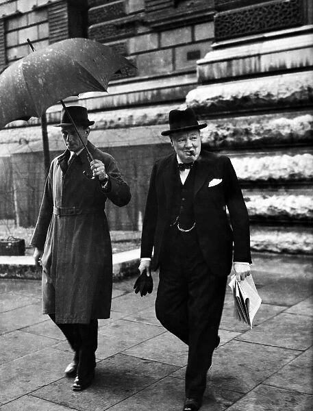 British Prime Minister Winston Churchill leaving a cabinet meeting at Downing Street