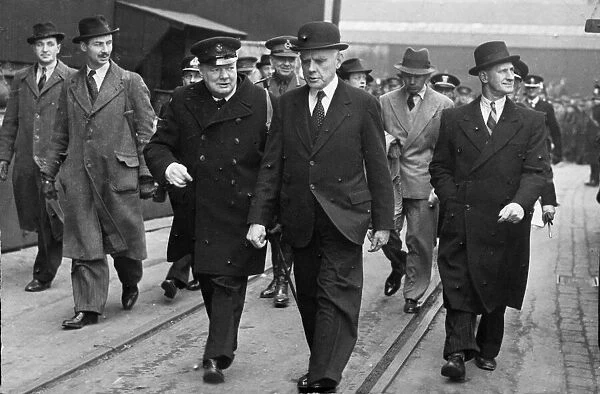 British Prime Minister Winston Churchill making a tour of the shipyard of Cammell Laird