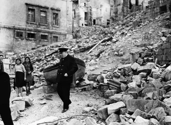Framed Print : British Prime Minister Winston Churchill surveys the destruction in the dockyard area of Framed Print : British Prime Minister Winston Churchill surveys the destruction in the dockyard area of