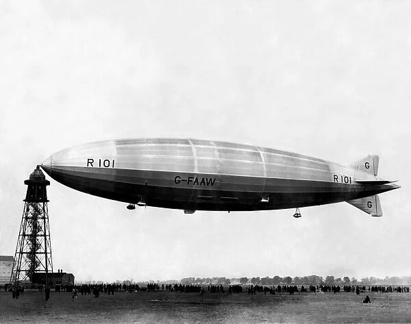The British R101, the biggest rigid airship of her day, seen here attached to a mooring