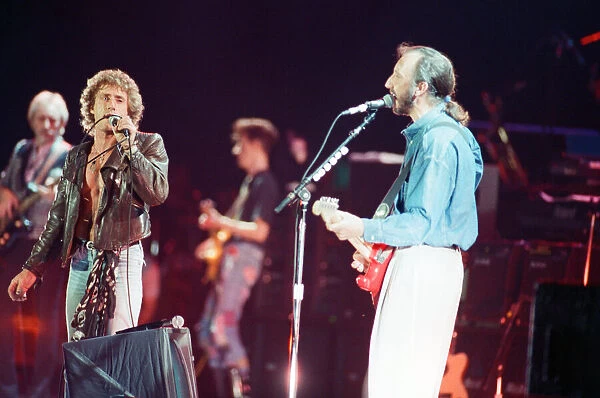 British rock group The Who performing in concert. Roger Daltrey and Pete Townshend