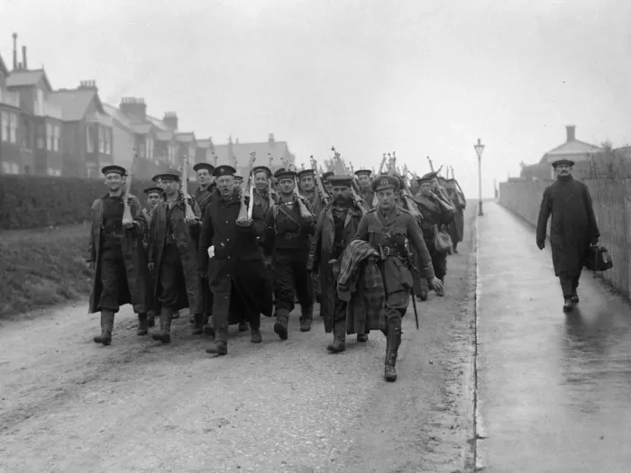 Framed Print : British Royal Marines marching through Walmer on their return from Antwerp Framed Print : British Royal Marines marching through Walmer on their return from Antwerp