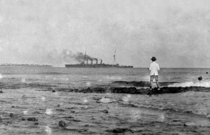 Framed Print : The British Royal Navy cruiser HMS Sydney just after sunk the German loight cruiser Emden