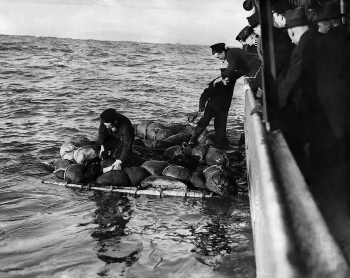 Framed Print : British Seamen rescued from raft following a U-boat attack on a North Atlantic Convoy Framed Print : British Seamen rescued from raft following a U-boat attack on a North Atlantic Convoy