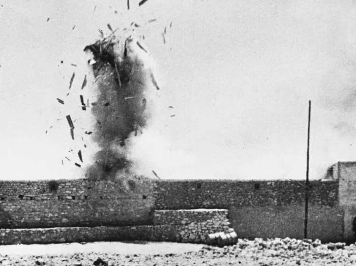 Framed Print : A British shell finds its mark at Fort Maddalena during the Second World War Framed Print : A British shell finds its mark at Fort Maddalena during the Second World War