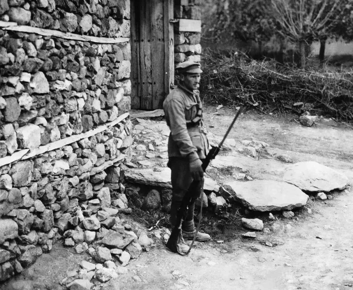 Framed Print : British soldier on sentry duty in Serbia during World War I December 1915