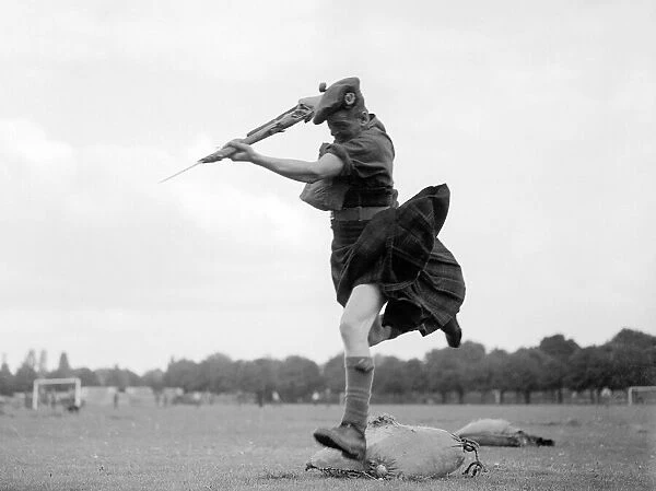 British Soldier from an unknown Scottish regiment bayonet charging during training