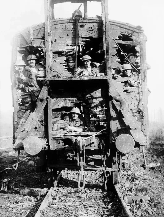 Framed Print : British soldiers aboard French railway coach 1916 wrecked by shell fire in World