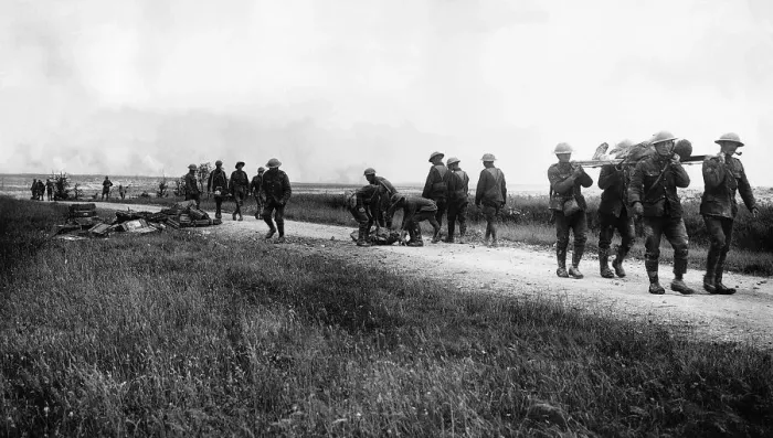 Framed Print : British soldiers collecting wounded from Front Line France 1916 Shellfire in