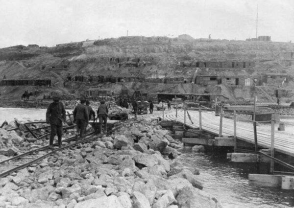 British soldiers and engineers working on the quay at Suvla Bay just a day before