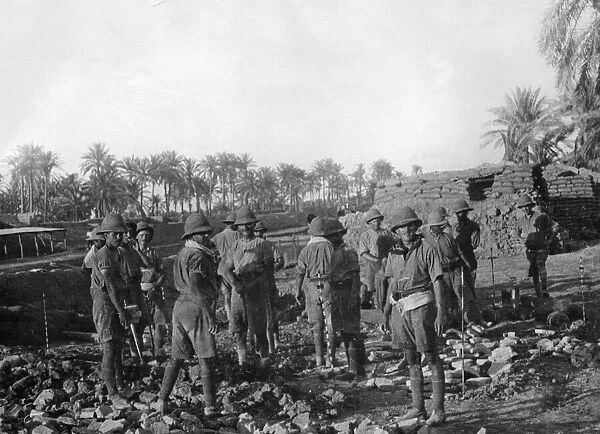 British soldiers laying the foundation for field gun emplacements in Mesopotamia Circa