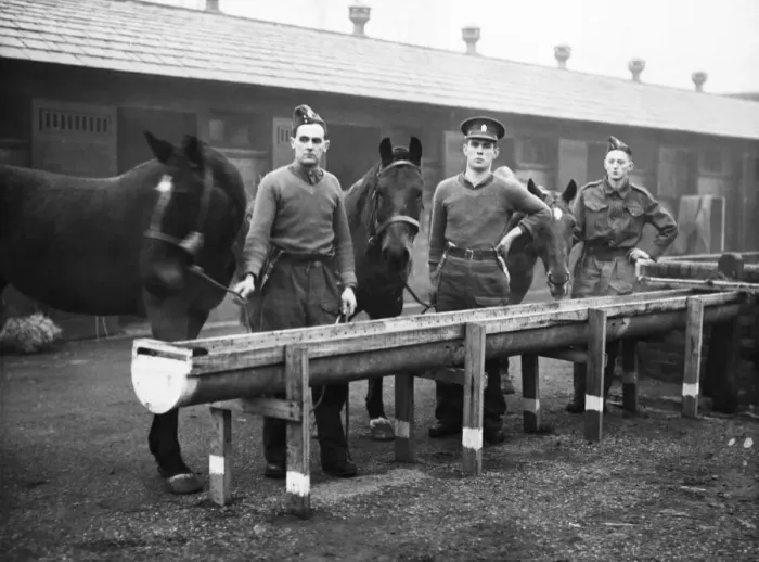 Framed Print : Three British soldiers pictured at the horse stables in the Hull area of England Framed Print : Three British soldiers pictured at the horse stables in the Hull area of England