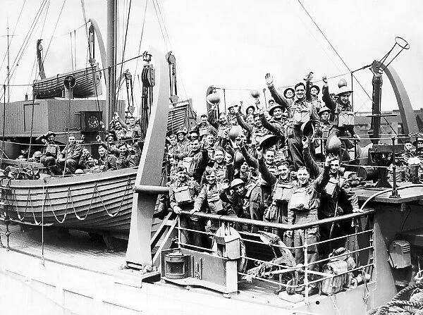 British Soldiers smiling and waving on board a troop ship as they sail to join