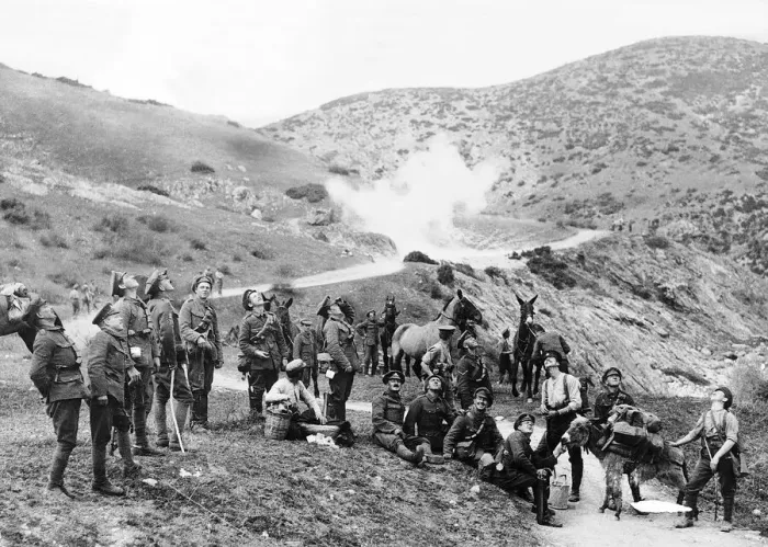 Framed Print : British soldiers standing on hillside with pack horses Framed Print : British soldiers standing on hillside with pack horses