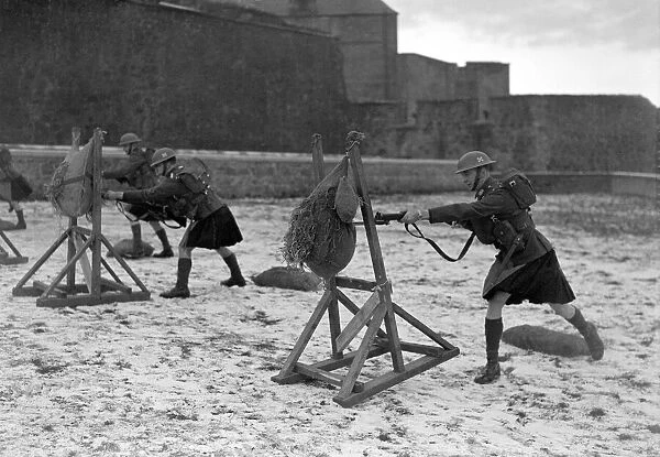 British Soldiers from an unknown Scottish regiment bayonet charging during training