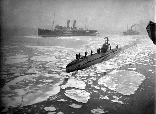 A British Submarine nosing her way through East Coast ice-covered waters