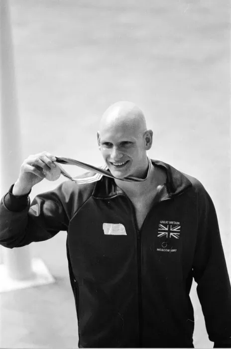 Framed Print : British swimmer Duncan Goodhew celebrates after receiving olympic gold medal in Framed Print : British swimmer Duncan Goodhew celebrates after receiving olympic gold medal in