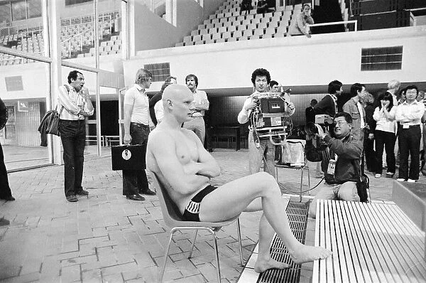British swimmer Duncan Goodhew poses for pictures by the Olympic Swimming Pool in Moscow