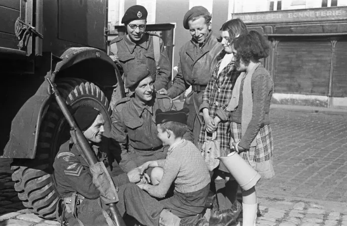 Framed Print : British troops of the 79th in an unknown Normandy town in Northern France a month after Framed Print : British troops of the 79th in an unknown Normandy town in Northern France a month after