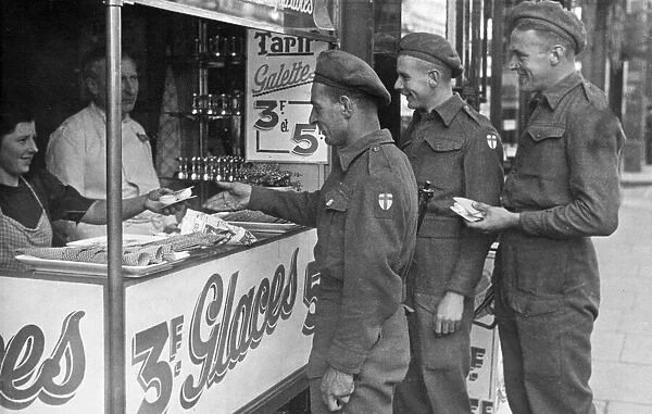 British Troops buying Ice Cream in Brussels. Their regiment is unknown
