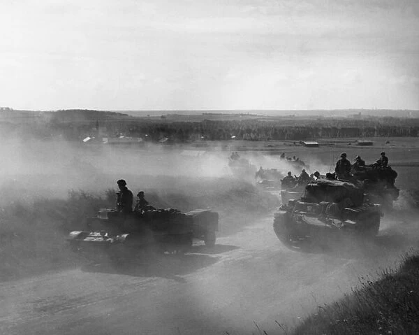 British troops enter Arras during Second World War. British tanks make their way