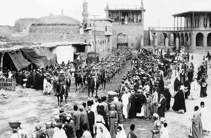 Framed Print : British troops entering Baghdad in Iraq during World War One. Circa 1916