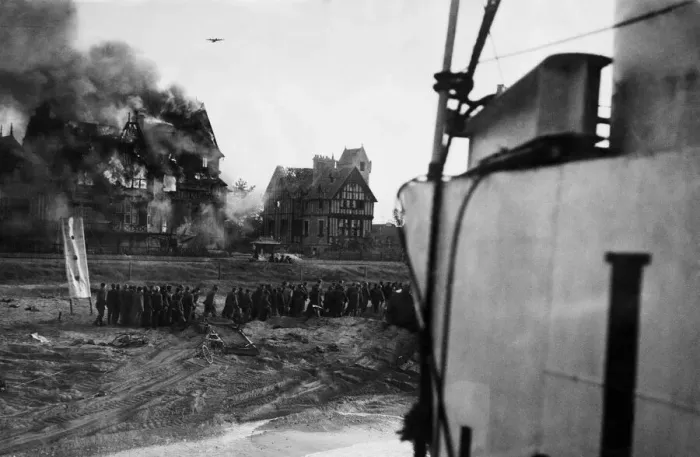 Framed Print : British troops under fire on beach at Juno, Normandy. Soon after zero hour German