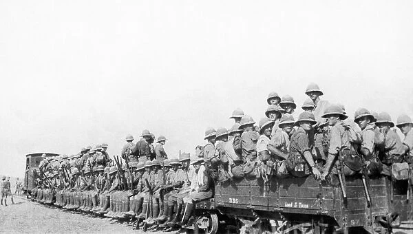 British troops in Palestine being transported up to the front on a light railway