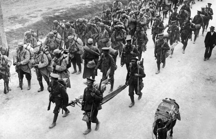 Framed Print : British troops seen here passing French troops who have halted by the roadside Framed Print : British troops seen here passing French troops who have halted by the roadside