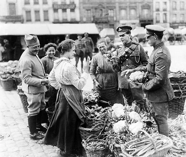 British troops shopping in a French vegetable market during the final year of World War