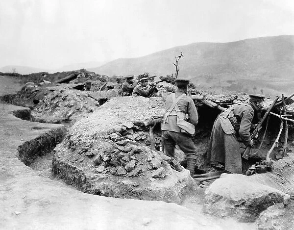 British troops watching for Bulgar snipers. December 1915
